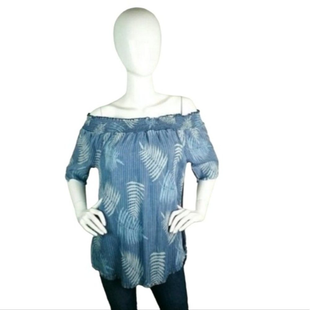 Standard Grace Lyocell Off The Shoulder Palm Print Top Blue Medium